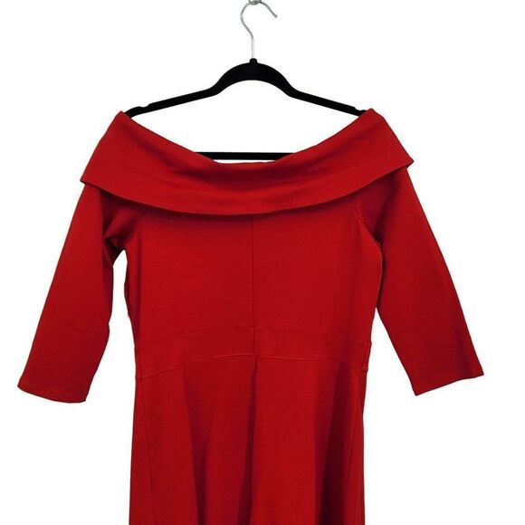 Boston Proper Dress Off Shoulder 3/4 Sleeve Tea Length Fit & Flare Stretch Red M - Picture 5 of 12